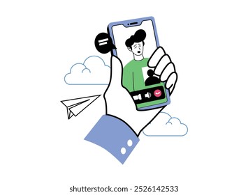 Une main tient un smartphone avec un appel de Vidéo en cours. L'appelant a l'air stressé, et un avion en papier flotte à proximité, suggérant un sentiment de distance ou d'envie.