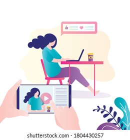Hand holds smartphone with video on screen. Female character shoots tutorials for channel. Young woman creates video and posted it on social media.Concept of blogging and streaming.Vector illustration