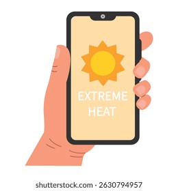 A hand holds a smartphone with a weather forecast on a mobile app. Extreme heat. A hot summer day. Tropical climate. Hand drawn, Vector illustration.