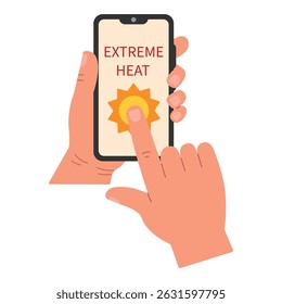 A hand holds a smartphone with a weather forecast on a mobile app. Extreme heat. A hot summer day. Tropical climate. Hand drawn, Vector illustration.