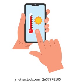 A hand holds a smartphone with a weather forecast on a mobile app. Extreme heat. A hot summer day. Tropical climate. Hand drawn, Vector illustration.