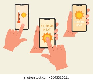 A hand holds a smartphone with a weather forecast on a mobile app. Extreme heat. A hot summer day. Tropical climate. Hand drawn, Vector illustration.