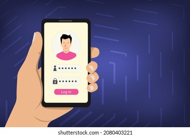 Hand tiene un smartphone con una página de autorización de sitios web con acceso seguro y contraseña en la pantalla del smartphone. Icono de un hombre. Ilustración vectorial.