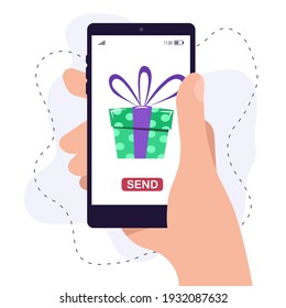 Hand holds a smartphone, while sending a gift. Online shopping gifts. Screen with present.
