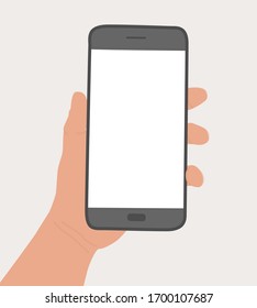Hand holds smartphone with white blank screen. Black mobile phone isolated on a light background. Template, layout for inserting information. Cellphone user. Vector flat illustration, background 