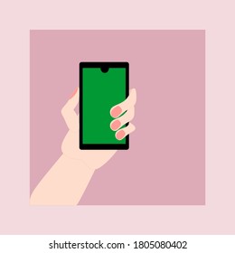 Hand holds smartphone with white blank screen. Black mobile phone isolated on a light background. Template, layout for inserting information. Cellphone user. Vector flat illustration, background