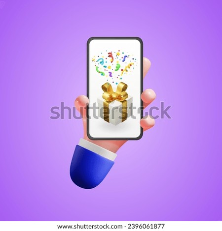 A hand holds a smartphone with a win on the screen. Concept for birthday, gift, holiday discounts and sales. Vector 3D illustration.