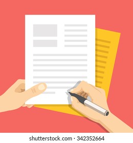 Hand holds some documents and hand with pen signs documents. Treaty signing concept. Modern flat design concept for web banners, web sites, printed materials, infographics. Flat vector illustration