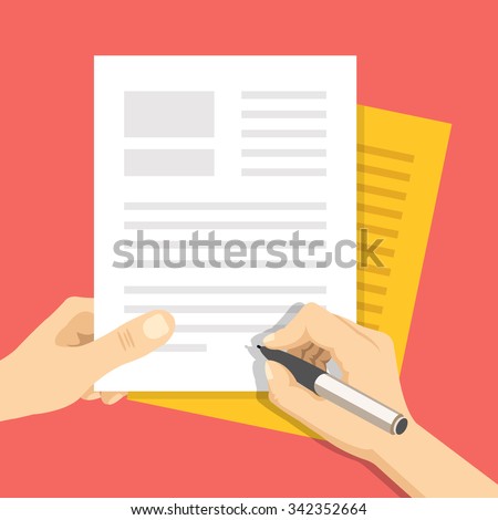 Hand holds some documents and hand with pen signs documents. Treaty signing concept. Modern flat design concept for web banners, web sites, printed materials, infographics. Flat vector illustration