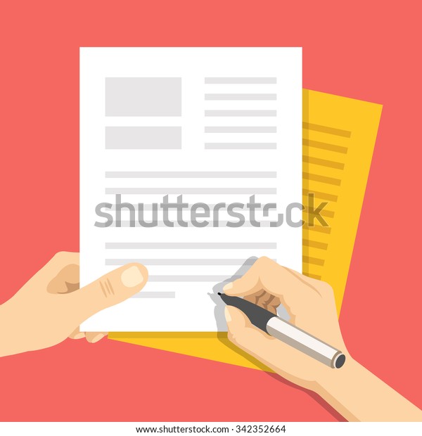 Hand holds some documents and hand with pen\
signs documents. Treaty signing concept. Modern flat design concept\
for web banners, web sites, printed materials, infographics. Flat\
vector illustration