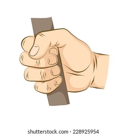 The hand holds some tool or stick - realistic vector image. Cane jammed in fist.