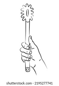 Hand holds spaghetti spoon. Kitchen accessory. Dishes for cooking pasta. Spaghetti draining utensil. Decorative element for menu design, recipes, and kitchen goods. Sketch, linear contour drawing