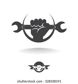 Hand holds spanner logo repair concept vector design template. 
