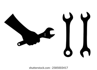 Hand holds a spanner and wrench vector icon set illustration on white background. spanner and wrench logo art work.