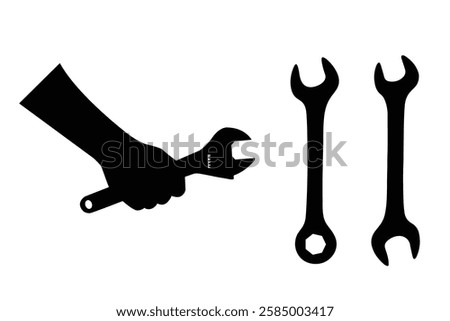 Hand holds a spanner and wrench vector icon set illustration on white background. spanner and wrench logo art work.
