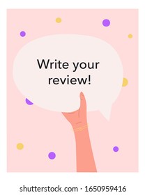 Hand holds speech bubble. Customer service support concept rating, feedback, reviews. Email marketing. Post-purchase review. Suitable for online store. Vector banner illustration.
