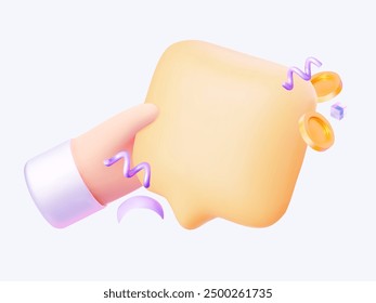 A hand holds a speech bubble in pastel yellow tones with coins and confetti.