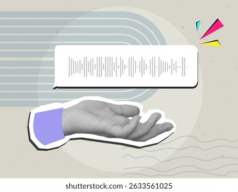Mão segura balão de fala com uma mensagem de voz. Estilo de colagem moderno. Ilustração vetorial