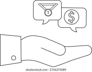 A hand holds speech bubbles one with a firstplace medal another with a dollar sign