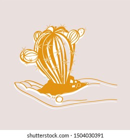 hand holds a spiky cactus on the palm with a lump of earth to plant. 