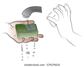Hand holds sponge, sponge keep above water,  color vector drawing on the theme of purity cleaning.