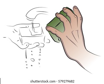 Hand holds sponge, sponge  keep above water,  color vector drawing on the theme of purity cleaning.