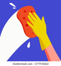 Hand holds a sponge and washes the surface. Concept design for a cleaning company in flat style. Fighting viruses and bacteria, maintaining cleanliness, disinfecting home.