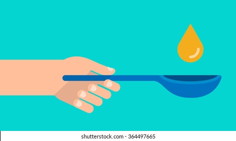 Hand holds a spoon with a drop of a syrup. Isolated vector illustration flat design.