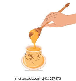 Hand holds spoon with honey. Honey in glass jar and dripping honey from wooden dipper. Hand drawn illustration for brand, postcard, packaging. Vector flat illustration isolated on white background.