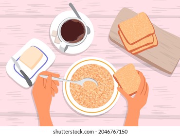 A Hand Holds A Spoon Over A Plate Of Porridge. On The Table Are A Mug Of Coffee, A Butter Dish And Pieces Of Bread On A Cutting Board. Breakfast. Top View. Vector Illustration, Flat Style