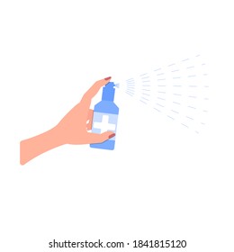 A hand holds a spray with antiseptic and sprays it. Vector illustration, flat cartoon color minimal design isolated on white background, eps 10.