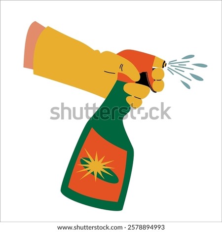 The hand holds a spray bottle. Cleaning and cleaning products.