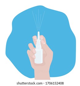 Hand holds spray for nose. Using sprays to ease breathing during the allergy and cold season, vector