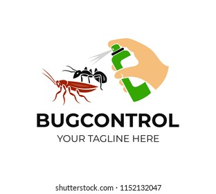 Hand holds spray and sprinkles on ants and cockroach, logo design. Pest control and bug control, in home and in agriculture, vector design. Nature, agricultural and house, illustration