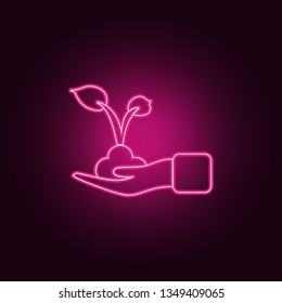 hand holds a sprout icon. Elements of Ecology in neon style icons. Simple icon for websites, web design, mobile app, info graphics