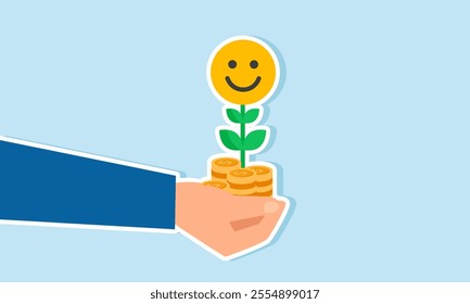 A businessman’s hand holds a stack of dollar coins growing happy emoticon flowers, illustration of costs required to achieve market engagement