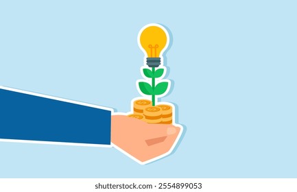 A businessman’s hand holds a stack of dollar coins growing light bulb flowers, illustration of costs required to obtain business ideas and innovations