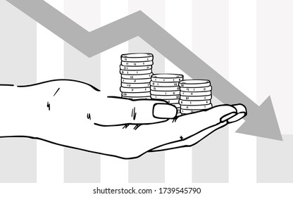 Hand Holds Stacks Of Coins. Against The Background, The Red Arrow Moves Down. Depicts Financial Losses, Reduced Income, Financial Crisis. Black Outline Image On A White Background.