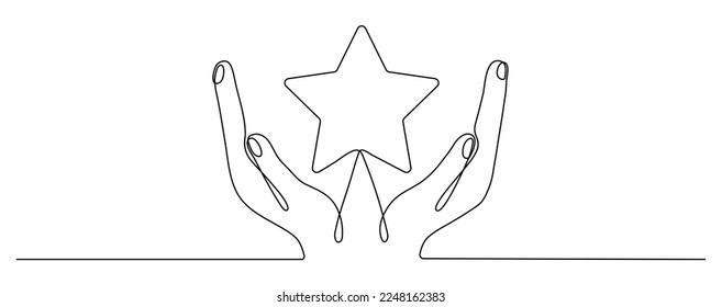 Hand holds star continuous line drawing. Human arms palms. Vector illustration isolated on white.