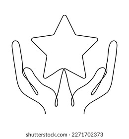 Hand holds star continuous line art drawing. Human arms palms. Rating linear symbol icon. Vector illustration isolated on white.