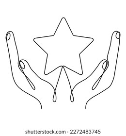 Mano sostiene el dibujo de la línea continua estrella. Palmas de brazos humanos. Icono de símbolo lineal de clasificación. Ilustración vectorial aislada en blanco.