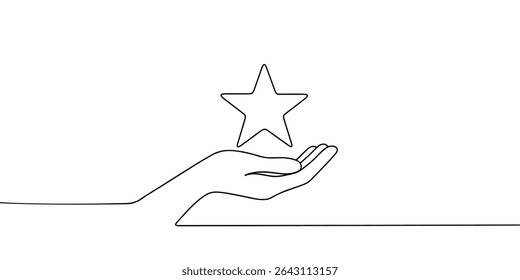 Hand holds star continuous line drawing. Human arms palms. Vector illustration isolated on white.