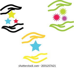  hand holds star, feedback flat color line icon.
