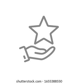 Hand Holds Star On Palm Line Icon. Charity, Customer Review, Rating Symbol