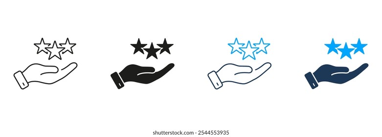 Hand Holds Stars Line and Silhouette Icon Set. Best Feedback Concept. Positive Review, Good Quality Service Symbol. Client Experience. Editable Stroke. Isolated Vector Illustration.