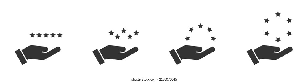 Hand holds stars on palm. Set of hands holding stars.