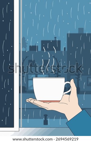 A hand holds a steaming cup of coffee against a rainy window, creating a cozy and comforting atmosphere on a gloomy day.
