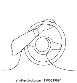 hand holds the steering wheel    one line drawing  Concept car interior  driving one hand  driving exam