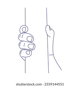 Hand holds a stick. Contour vector illustration. Index, middle, ring, little fingers and thumb