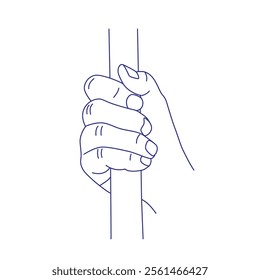 Hand holds a stick. Contour vector illustration. Index, middle, ring, little fingers and thumb